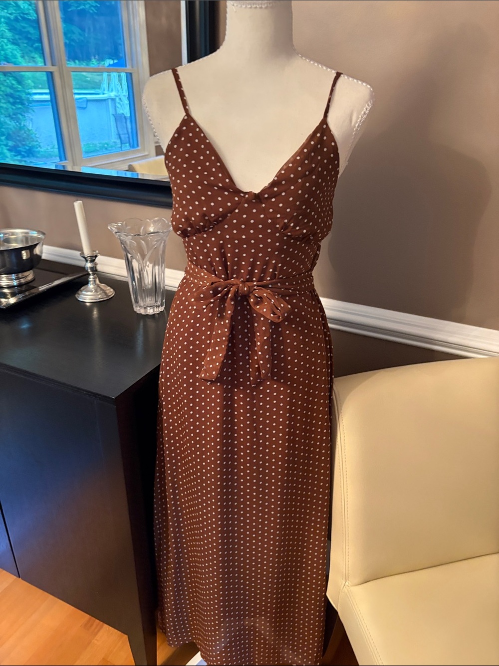 Brown Polka Dot Maxi Dress with Tie Waist